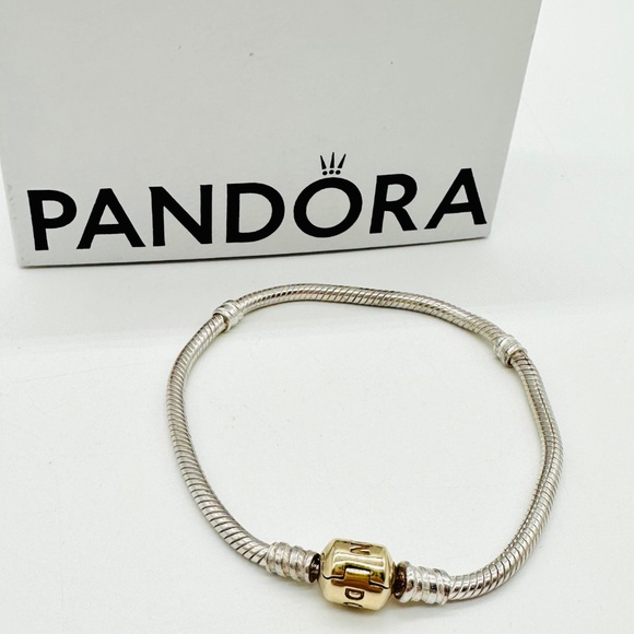 PANDORA 14K ALE 585 Gold Signature Clasp 925 Sterling Silver Bracelet 7.5" - Picture 4 of 10